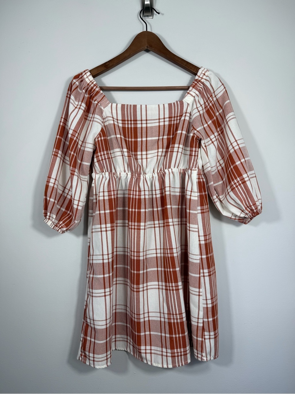 Monteau Los Angeles Rust Cream Plaid Puff Sleeve Babydoll Mini Dress S